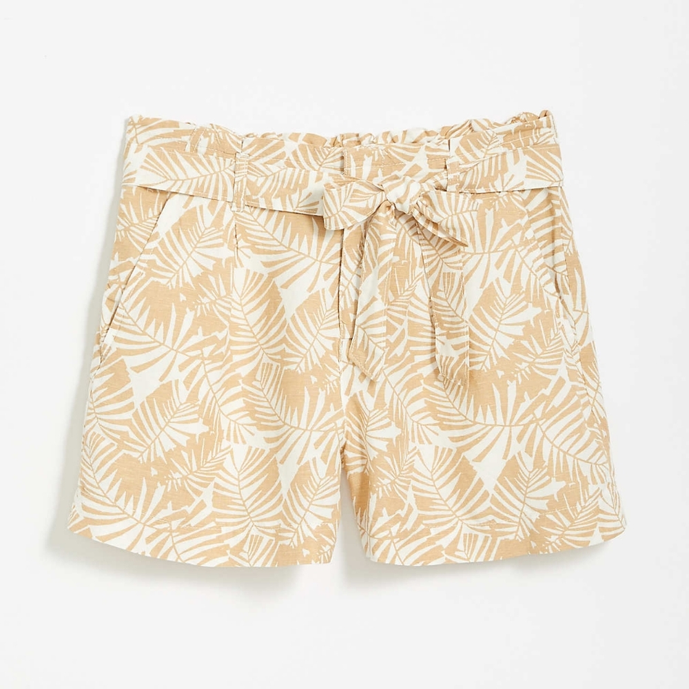 LOFT printed cinched front tie high waist shorts, 40", beige/ white